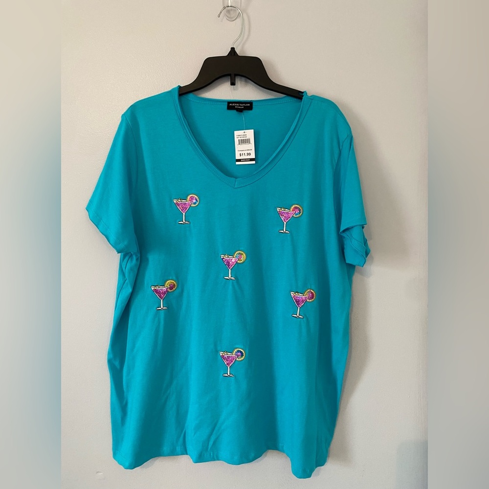 Blue V-Neck Top with Cocktail Embroidery size 1x and 2x